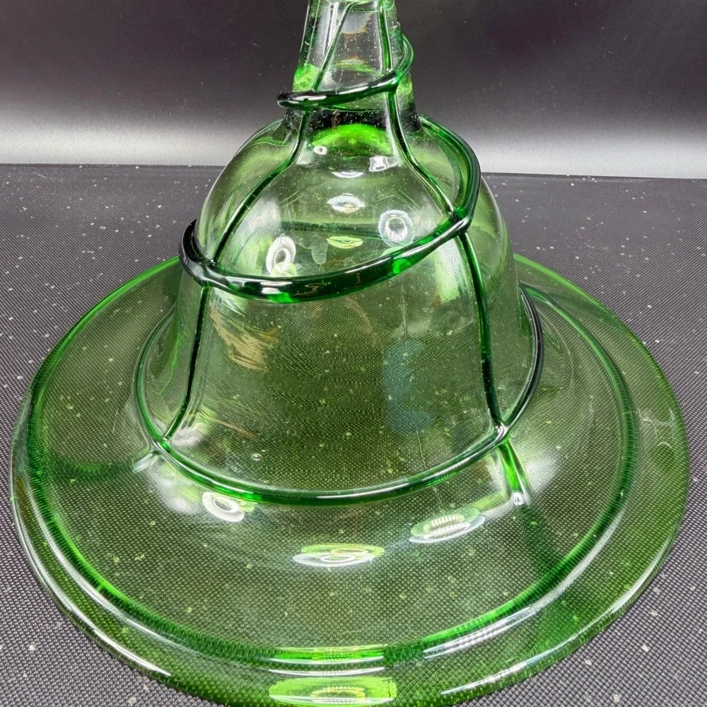 Aromatique Green Swirl Glass Bowl Mouth Blown 6x8 Made in USA Footed Centerpiece